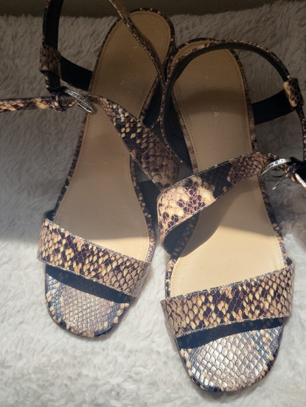 Via Spiga Snake-Print Strappy Sandals in Beige and Brown